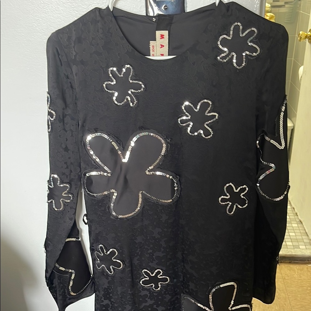 Marni Black Graphic Embellished Long Sleeve Blouse